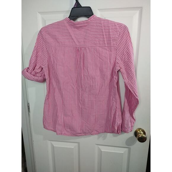 LL. Bean Woman's M Blouse Pink White Striped Pullover Casual Pleated Roll Tab... - Picture 7 of 7